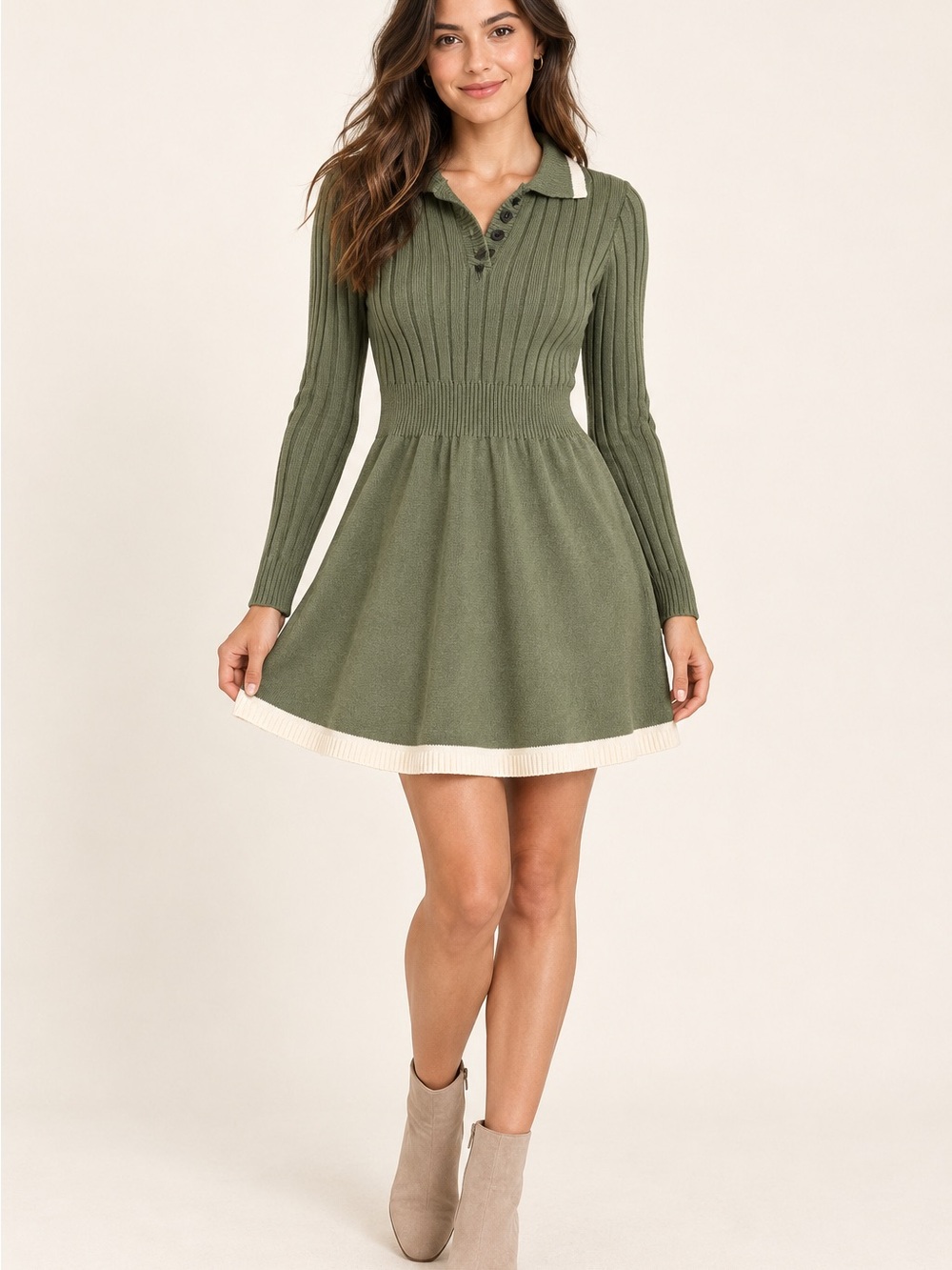 Olive Long-Sleeve Knit Polo Dress with Cream Trim